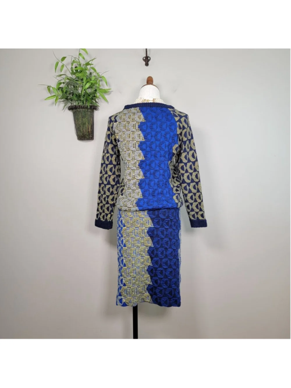Kerisma Knit Crew Neck Sweater Pencil Midi Skirt Matching Set Blue Geometric S